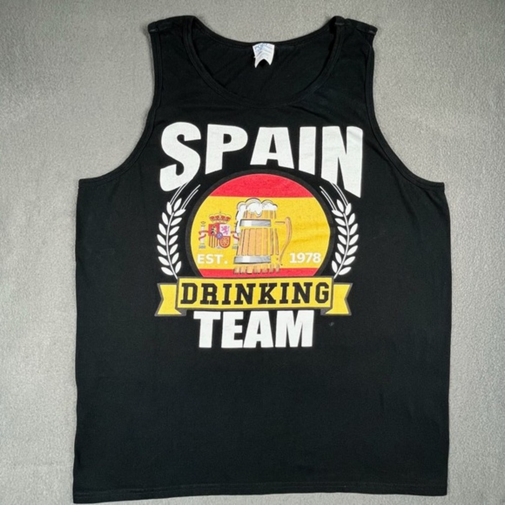 Spain Drinking Team Graphic Tank Top Large Port & Company Black Sleeveless Tee